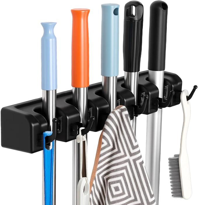 Broom and Mop Holder, Wall Mounted Organizer Mop and Broom Storage Tool Rack with 5 Ball Slots and 6 Hooks (1Pack)