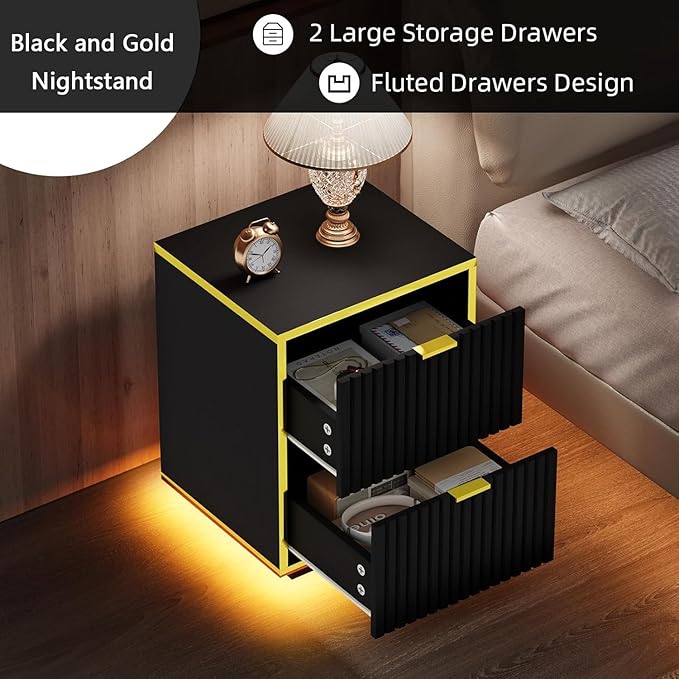 Fluted Nightstand, Black End Table with LED Lights, Modern Floating Night with Base, Bedside Table with Storage, End Table with Drawers for Bedroom, Black and Gold