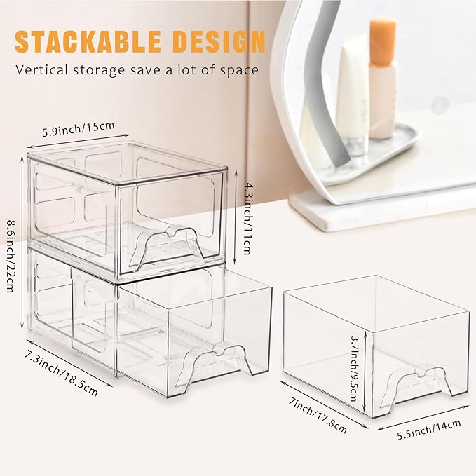 4 Pack Stackable Makeup Organizer, 4.4'' Tall Acrylic Bathroom Makeup Organizer and Storage Drawer with Pull-out Handle, Clear Plastic Storage Bins for Vanity,Pantry,Desk,Undersink,Kitchen