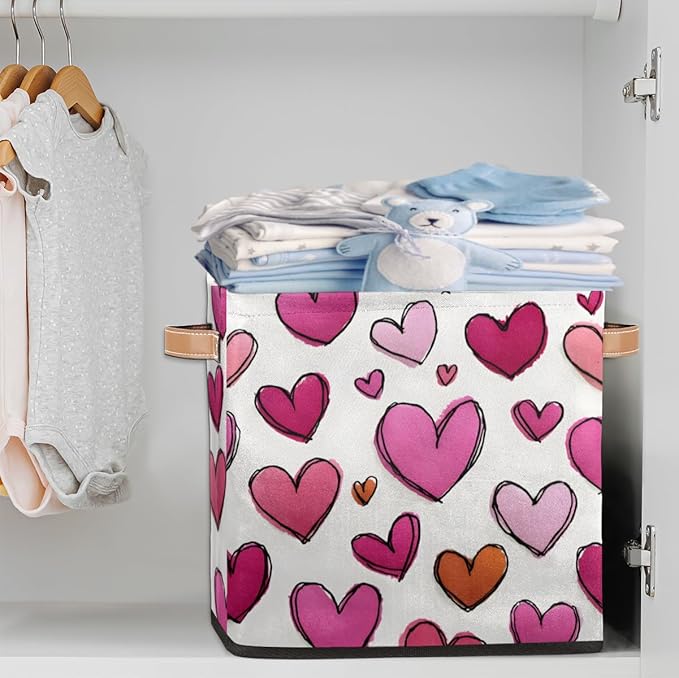 TropicalLife 13x13x13 Inch Large Fabric Storage Cube Love Hearts Foldable Storage Bin with Handles Organizer Boxes Cube Basket for Shelves Organizing Closet