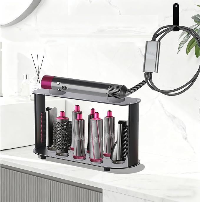 Holder for Dyson Airwrap 6" Barrel Only | Sturdy Metal Storage Rack with Protective Silicone Pad | Countertop Organizer for Attachments & Curling Iron with Self-Adhesive Hook, Black