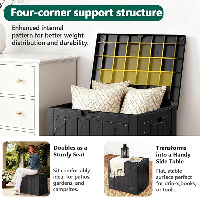 Outdoor Storage Box, 30 Gallon Deck Box Outdoor Storage Bench Outside Waterproof Resin Storage Bench, Lockable Patio Cushions, Garden Tools Storage For Furniture, UV Resistant(Black)