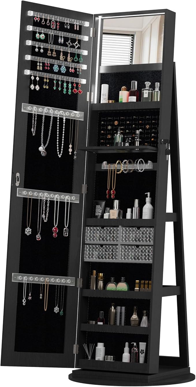 Montary 360° Rotating Jewelry Cabinet with Full-Length Mirror - Freestanding Jewelry Armoire with Lockable Storage, Built-In Lighted Mirror & Back Display Shelves, Black