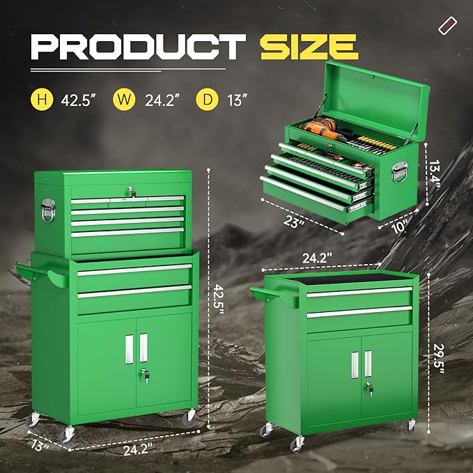 8-Drawer Rolling Tool Chest with Lock, Detachable Tool Cabinet Cart with Wheels, High-Capacity Mechanic Tool Organizer for Garage Workshop Warehouse Storage