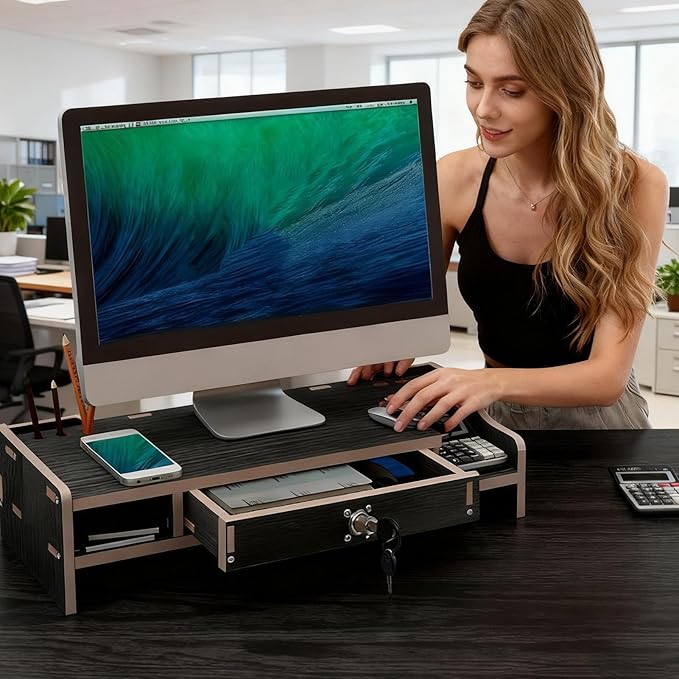 Desktop Computer Elevated Stand 48.8x20x10.5cm, Wooden Monitor Riser with Drawer, Organizer Shelf for Laptop, Printer, PC, TV Screen, Home, Dorm, Office