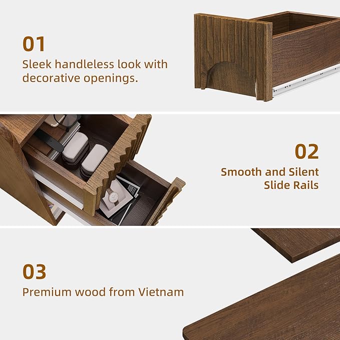 Slim Bedside Table Set of 2, Narrow Nightstand with Drawers, Fluted Wood Nightstand, Mid Century Modern End Table, Skinny Tall Nightstand, for Bedroom Walnut