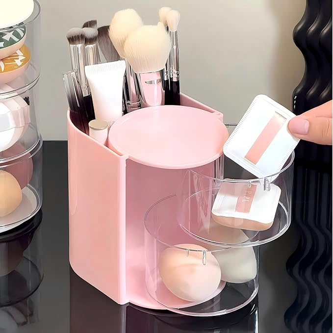 Hair Accessories Organizer with Hair Brush Holder, Rotatable Makeup Brush Holder for Necklaces, Earring, Bracelet, Ring, Makeup Brushes, Hair Clip and Hair Accessories (Pink, 2-Layer)