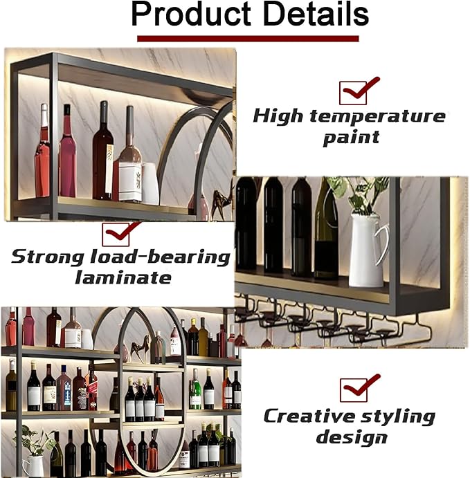 71IN Large Wall Mount Wine Rack, Metal 4 Tier Hanging Bottle Holder with Wine Glass Storage Racks, Modern Floating Wine Shelves for Home Bar Dining Room Decoration(Black)