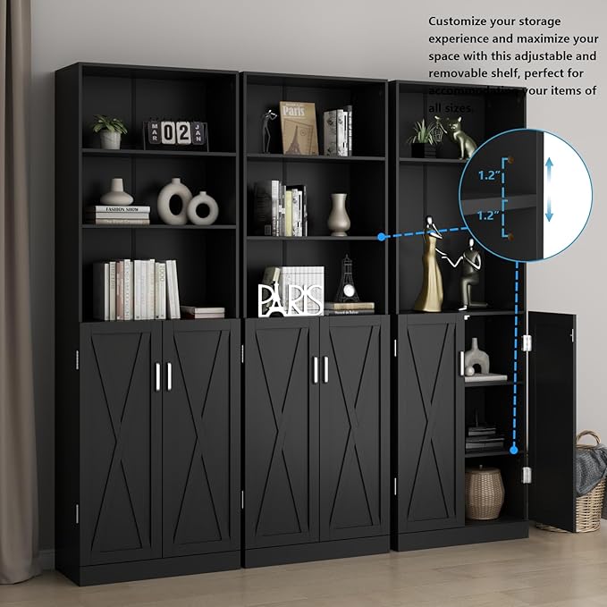 Loomie Industrial Bookshelf with Door, 6 Tier Farmhouse Book Shelf with Adjustable Shelves,70" Tall Display Etagere Bookcase,Floor Standing Unit Book Case Furniture for Home Office,Living Room (Black)