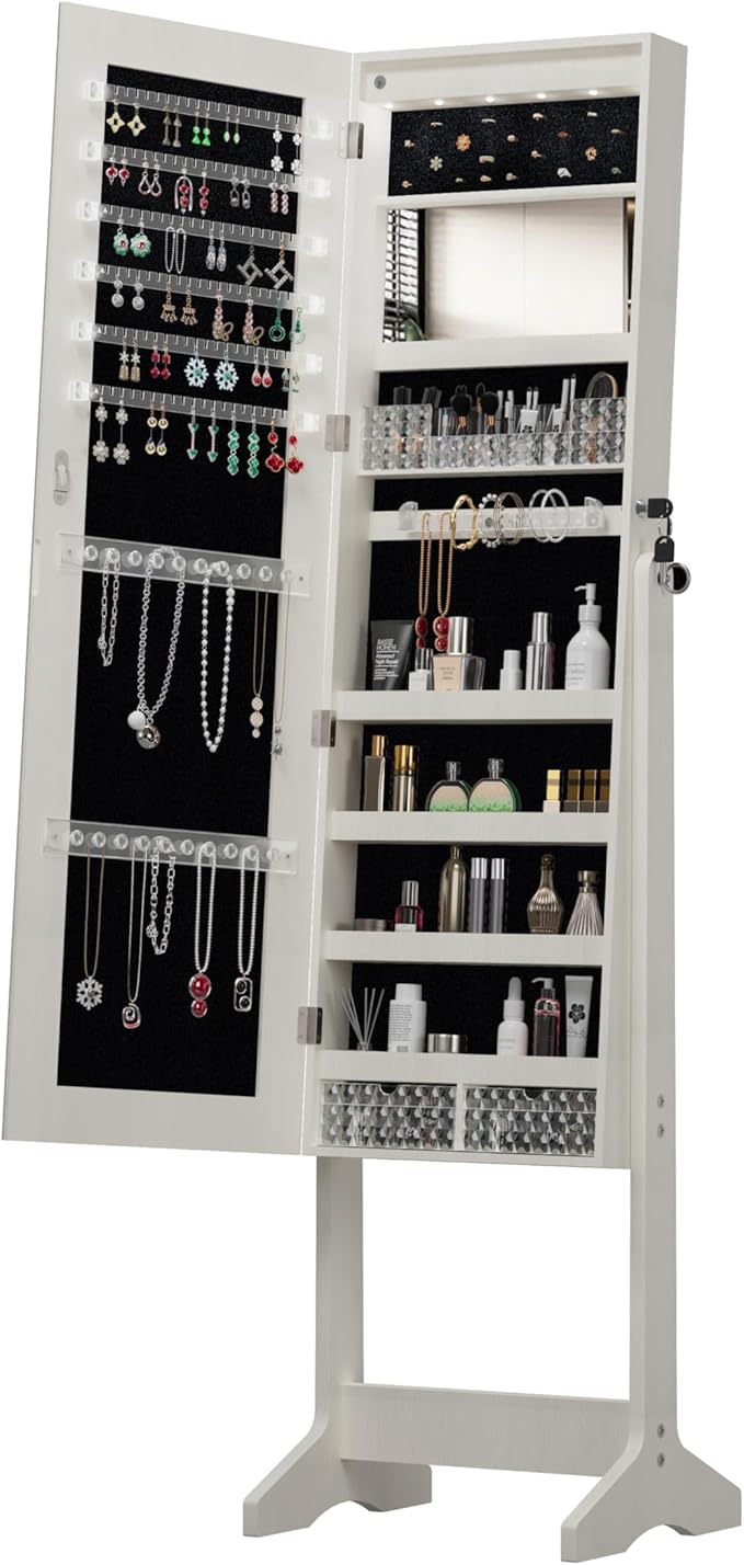Montary Jewelry Cabinet Armoire with Full Length Mirror with stand, Freestanding Jewelry Armoire Organizer, Lockable Storage Cabinet, Interior Lighted Mirror, White