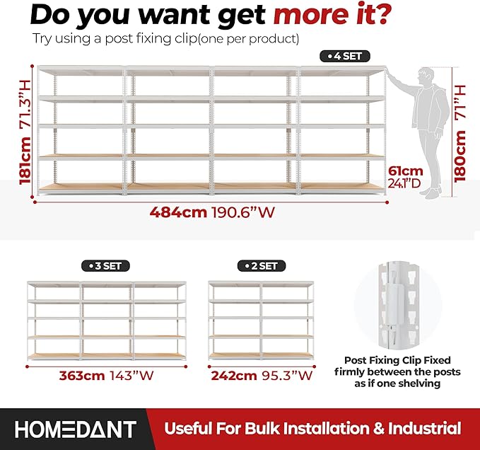 HOMEDANT 5 Tier Storage Shelves Adjustable Laminated Boltless Garage Metal Shelving Unit Heavy Duty Utility Rack Shelf Warehouse Pantry Closet Kitchen (2, (XL Deep) 48.1" W, White)