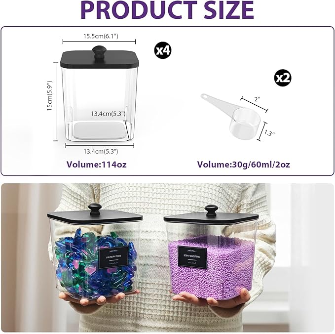 4 Pack Clear Laundry Pods Container, Plastic Square Laundry Room Organization and Storage Jars with Black Lids, Scoops & Labels for Detergent, Powder, Dryer Balls