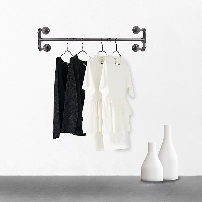 54” Wall Mounted Clothes Rack, Industrial Pipe Black Iron Garment Bar, Heavy-Duty Detachable Clothing Rod, Multi-Purpose Metal Wall display Hanging Pole for Closet Storage, Laundry Room 4 Base