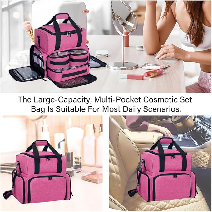 Large Makeup Cosmetic Bag with 3 Removable Case and 2 Removable Dividers Double Layer Travel Storage Organizer, Makeup Brushes Storage Section Rose Red