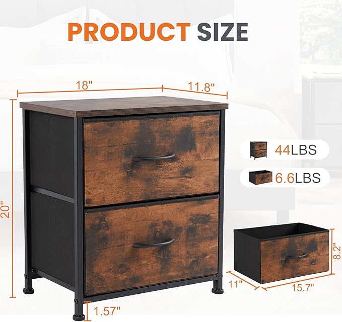 DUMOS Small NightStand Set of 2 Fabric Drawer Dressers Short Bedside Tables for Room Organization Closet College Dorm Entry Storage 20 Inch Height Furniture,Brown