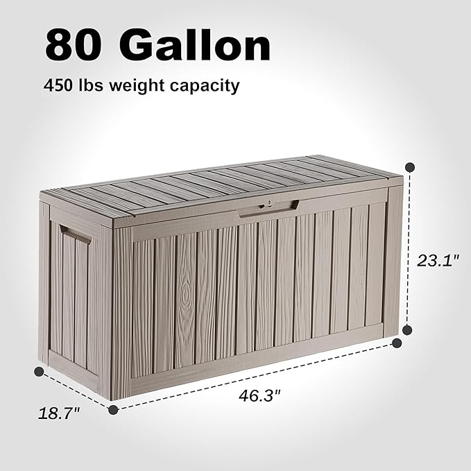 EasyUp 80 Gallon Outdoor Storage Box Waterproof, UV Resistant Resin Deck Box with Hydraulic Rod, Reinforced Stability for Patio, Garden, Striped Gray