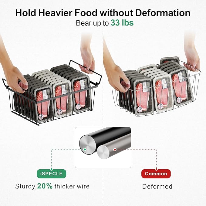 iSPECLE Freezer Organizer Bins - 4 Pack Stackable Deep Freezer Organizer Bins for 5 Cu.Ft Chest Freezer Easy Get Food from Bottom without Digging, Add Space Sort Store More Frozen Food, Black