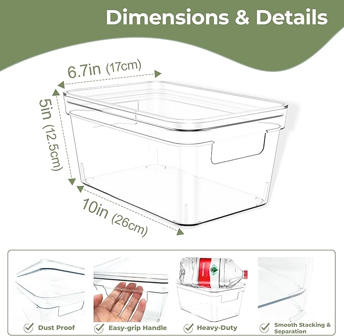 MOONEDGE Clear Plastic Storage Bins with Lids – Stackable Organizer Containers for refrigerator, Kitchen, Pantry, Bathroom, Closet, Laundry Room, Office – 4 Pack (10×6×5 in)