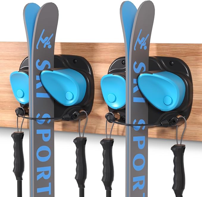 WDZREE Ski & Snowboard Wall Rack for Garage, Fits Any Ski or Board, Ski Wall Mount Garage Organization Holders, Damage-Free Storage Rack, Space-Saving Clamp Winter Gear Organizer, Blue (2 Pack)