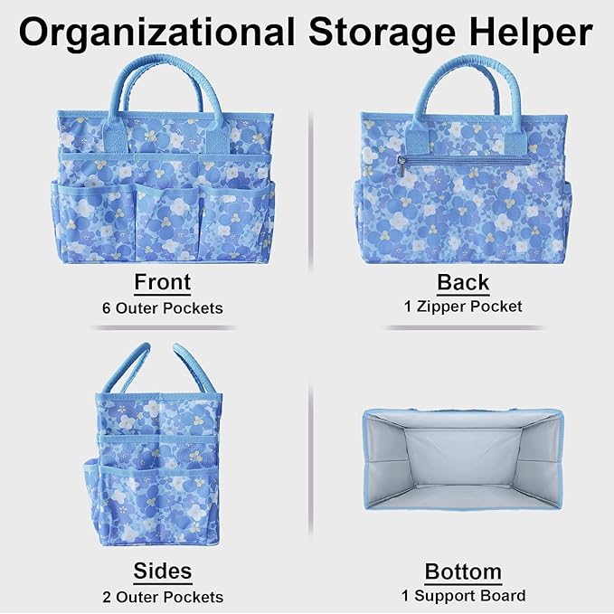 Cupohus Art Organizer Craft Storage Tote Bag with Pockets and Handles, Oxford Fabric Carrying Caddy for Teacher, Officer, Artist, Traveler, and more-Little Blue Flower