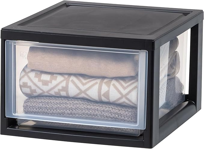 IRIS USA 14.5 Qt. Plastic Drawer Storage Organizer Stacking Drawers, 3-Pack, Stackable Unit with Sliding Drawer for Clothes Bedroom Kitchen Under Sink Pantry Craft Room Bathroom Dorm Office, Black