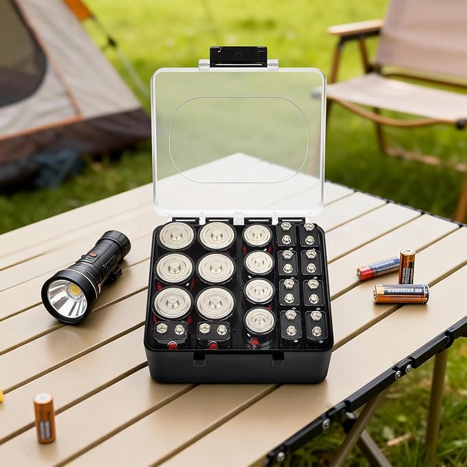 FULLCASE Battery Storage Organizer Box, Holder Container for 20 C D 9V Batteries, Plastic Home Batteries Variety Pack Protective Organization(Case Only) Black