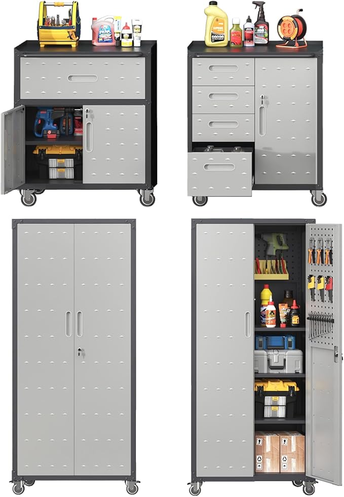 Metal Tool Cabinet,Garage Storage Cabinet System,Wall Cabinet & Locking Rolling Tool Cabinet with Doors and Adjustable Shelves,Steel Tool Cabinets for Home (4 Pcs-StyleB, Black & Grey)