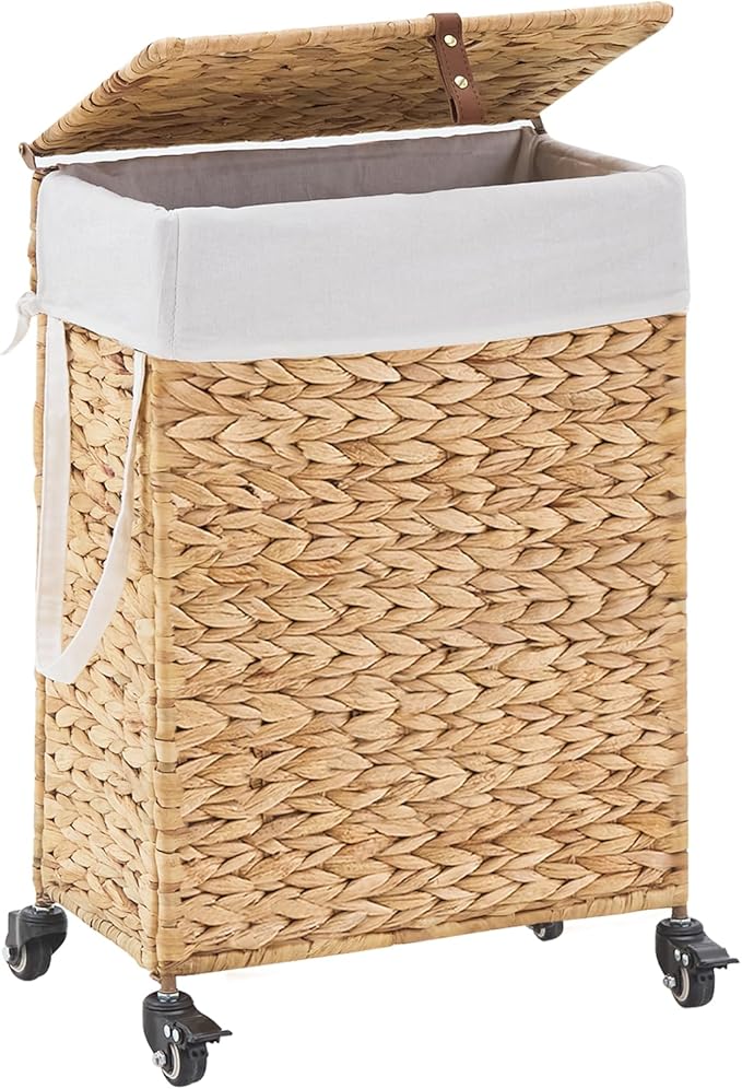 Rolling Laundry Hamper with Lid and Wheels, Slim Laundry Basket with Removable Liner Bag & 2 Mesh Bags, Handwoven Water Hyacinth Clothes Hamper for Bedroom Bathroom (Natural, 50L)