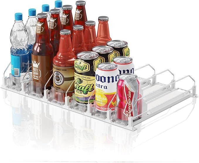 Drink Organizer for Mini Fridge,12oz 16oz 20oz - Soda Can Dispenser for Refrigerator,Width Adjustable,Automatic Pusher Glide (White (Mini 12.2"D), 12.2"D 6ROW, Holds 24 Cans)