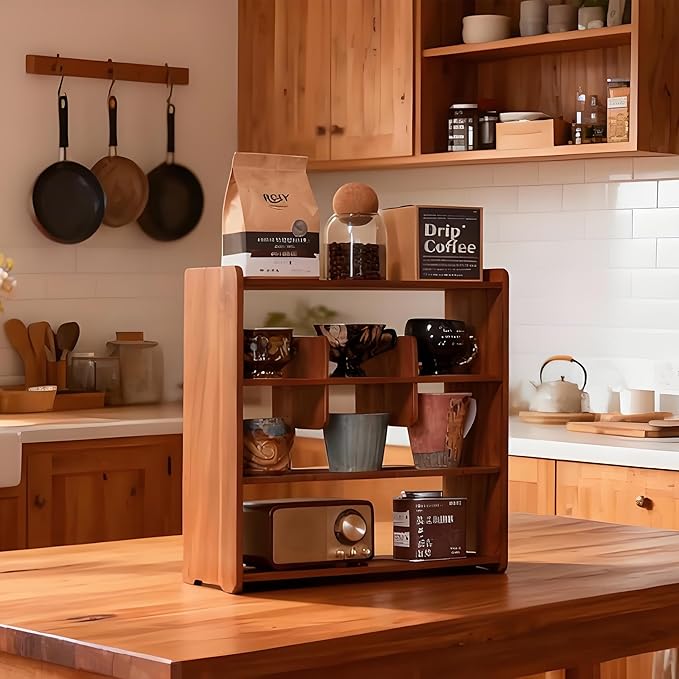 Coffee Cup Holder for Countertop Walnut Wood Coffee Mugs Holder for Kitchen Mug Display Rack (4-Tier Walnut wood B)