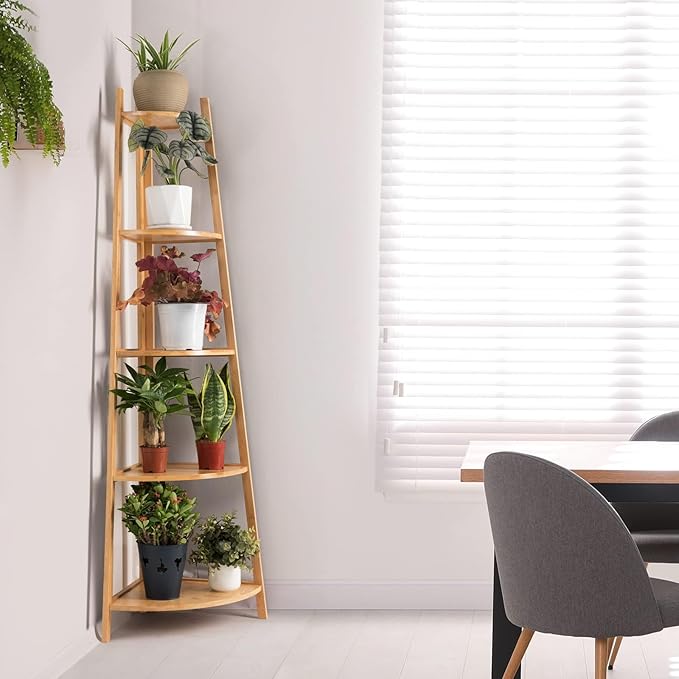 Bamboo Corner Shelf Stand for Display, 59'' Tall Storage Rack, 5-Tier Shelf for Organize