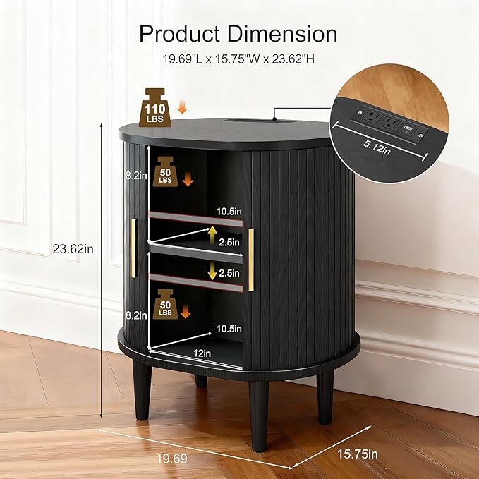 Nightstands Set of 2 & Charging Station, Fluted Accent Side Table with Sliding Door & Adjustable Shelf, Mid-Century Modern End Table for Small Space, Living Room, Bedroom (2, Black)