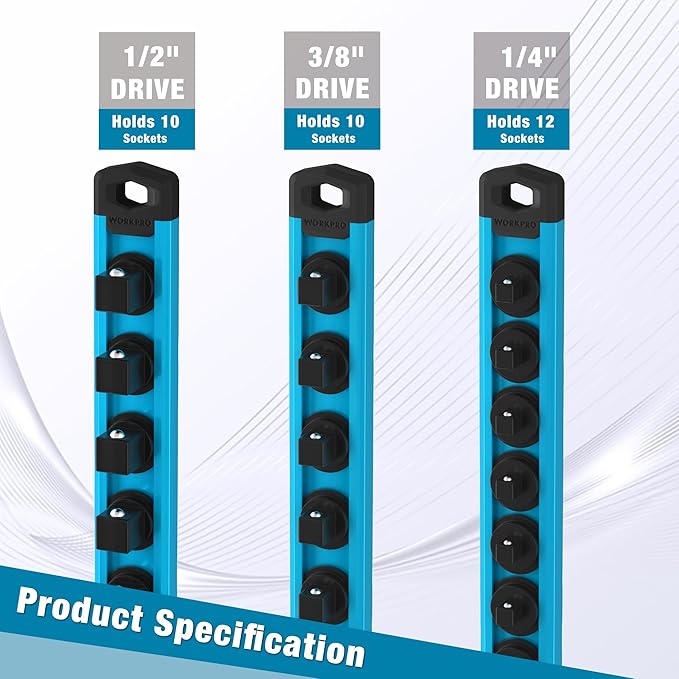 WORKPRO Magnetic Socket Organizer, 1/4-Inch Drive Aluminum Alloy Socket Rail, Heavy Duty Socket Holder, Socket Rack Kit 1/4-Inch x 12 Clips Sky Blue (Socket not Included)