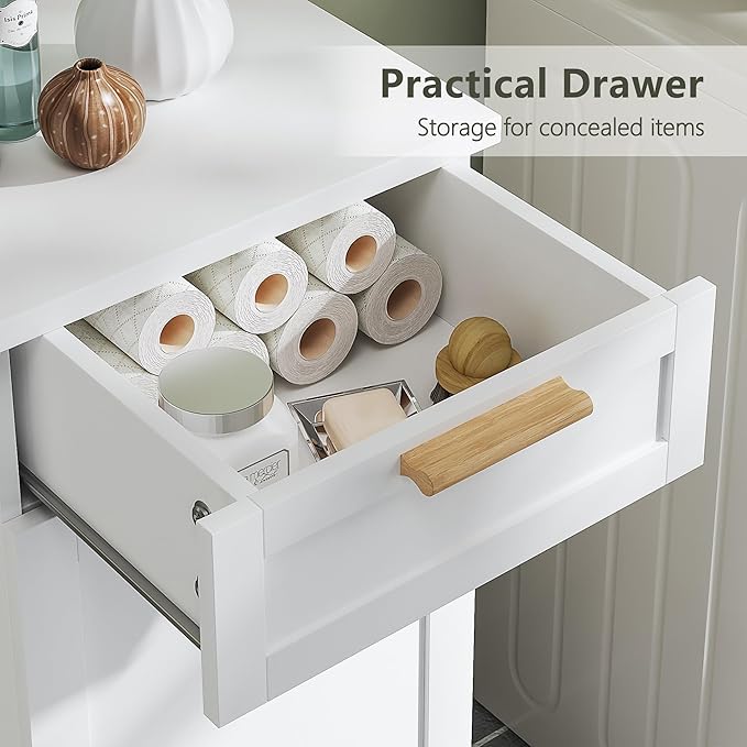 VECELO Tilt Out Laundry Hamper, 35" Bathroom Cabinet with Hidden Removable Basket, 1 Drawer and 4 Side Hooks for Storage, White