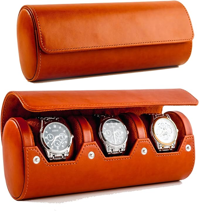 MR.OKAY 3 Watch Travel Case- Classic Leather Watch Case With Perfect Texture.Portable Watch Roll Or Organizer For Storage And Display. Luxury Gifts For Men, All Handmade by Artisans.