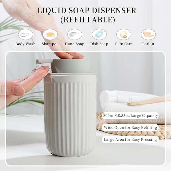 BosilunLife Ceramic Bathroom Accessories Set - Bathroom Counter Soap Set Light Grey Bathroom Decor Sets Accessories Bathroom Lotion Soap Dispenser and Toothbrush Holder Set, Soap Dish, Apothecary Jars
