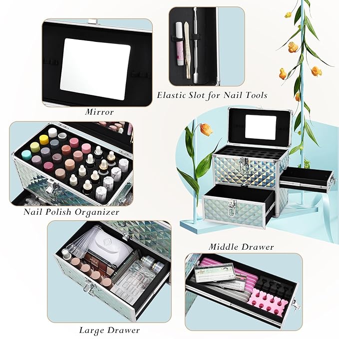 FRENESSA Extra Large Makeup Organizer Case Cosmetic Box Storage with Drawer Mirror Nail Manicure Accessory Organizer With Dividers Travel Nail Art Case for Makeup Artist Nail Tech Case Watery Blue