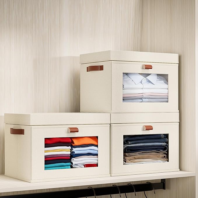 2-Pack Large Storage Bins with Lids,Stackable&Collapsible Closet Storage Bins,Oxford Fabric Organizer Box with Clear Window,Large Decorative Storage Boxes for Closet,Dorm16.5"x11.8"x11"