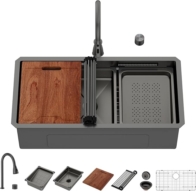 Lordear 30 Inch Waterfall Kitchen Sink Black - Undermount Kitchen Sink Workstation Stainless Steel 16 Gauge Single Bowl NANO-PVD Handmade Under Counter Smart Kitchen Sinks With Faucet
