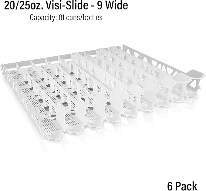 Visi-Slide 20oz Soda Beverage Dispenser - Gravity Fed Glide for Angled Shelves for Coolers, Commercial Refrigerators, Cold Vaults (Pack of 6) Drink Organizer for Cans, Bottles and More