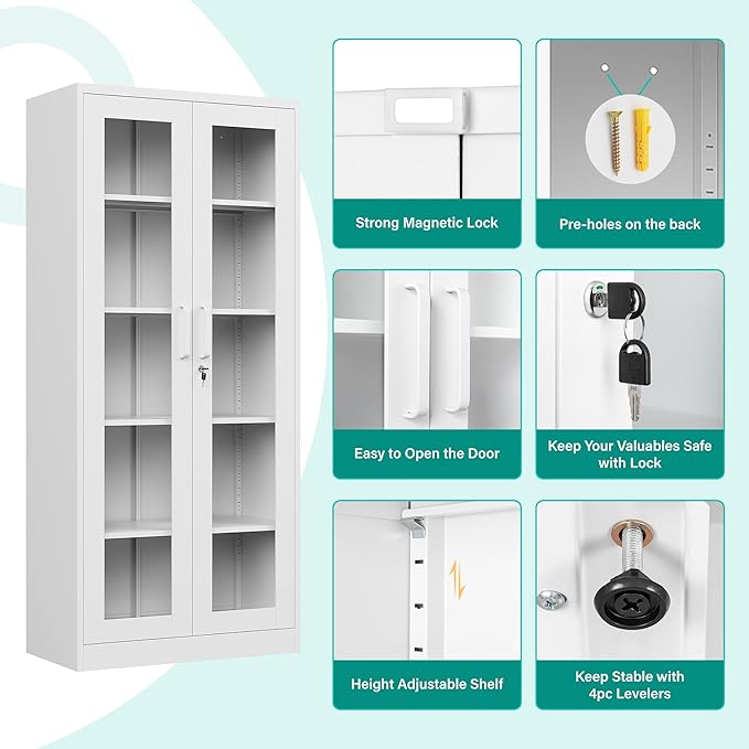 Metal Storage Cabinet with Lock and Glass Doors,Glass Display Cabinet,67" Tall White Storage Cabinets,Locking Curio Cabinets with 5 Shelves for Collectibles,Home,Office,Living Room