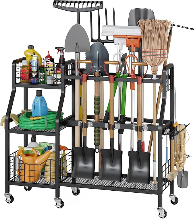 keomaisyto Garden Tool Organizer with 6 Wheels(3 lockable), Heavy Duty Yard Tool organizer with 2 Basket, Large Metal Garage Tool Organization and Storage for Garage/Shed/Yard/Broom Closet/Lawn