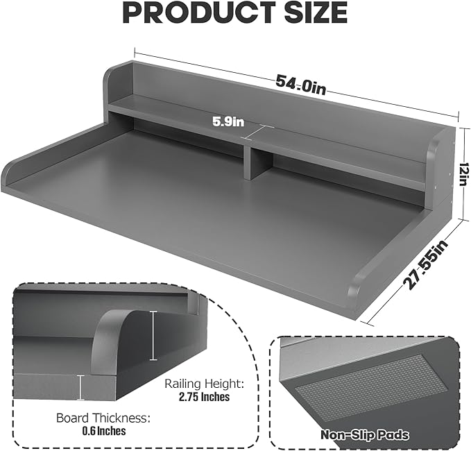 2-Tier Washer Dryer Countertop with 2.75"H Edge Rails, 54" W x 27.55" D Laundry Countertop for Folding Clothes, Washer and Dryer Topper with Non-Slip Pad (Gray)