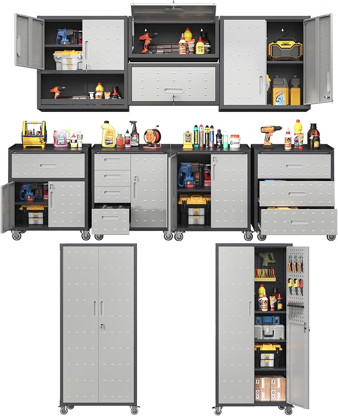 Metal Tool Cabinet,Garage Storage Cabinet System,Wall Cabinet & Locking Rolling Tool Cabinet with Doors and Adjustable Shelves,Steel Tool Cabinets for Home (10 Pcs-StyleA, Black & Grey)