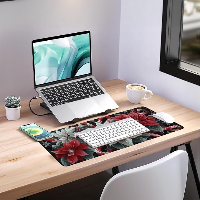 Christmas Flowers Gaming Mouse Pad 31.5"x11.8"Desk Mat Anti-Slip Rubber Base & Durable Stitched Edges for Gamers Smooth Mouse Writing Surface for Desk Office/Home