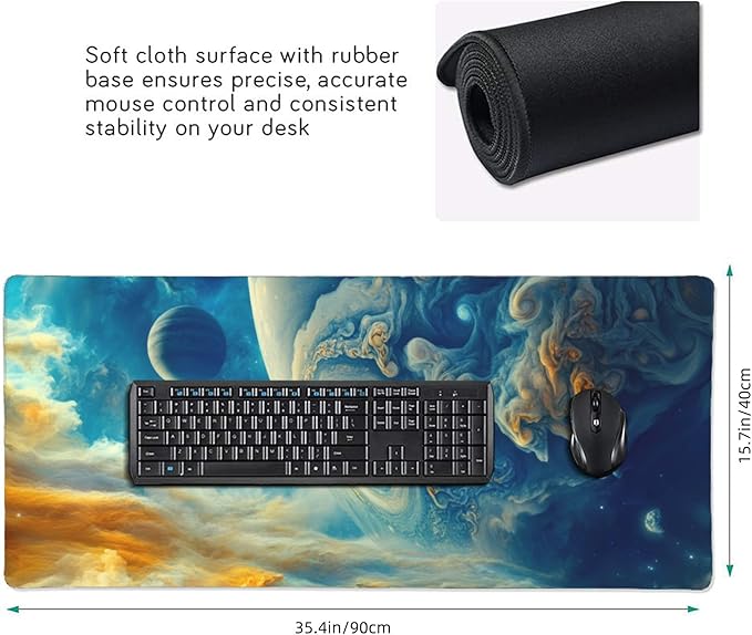Spectacular Cosmic Planets Large Mouse Pad, Vintage Aesthetic Gaming Desk Mat, XXL Keyboard Desk Pad Mat for Desktop, 35.4"x15.7" Non-Slip Base Big Mousepad with Stitched Edges