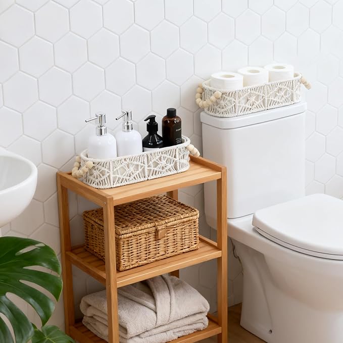 Small Storage Basket for Organizing, Woven Boho Decor Oval Macrame Toilet Paper Baskets for Toilet Tank Top Living Room Bedroom Entryway Decorative Counter Home Decor, Set of 2, White