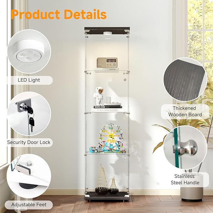 Tempered Glass Display Cabinet with Lights, 4-Tier Curio Cabinet with Glass Doors and Lock, Glass Display Case for Collectibles, for Living Room, Bedroom, Office, Black, Single Door