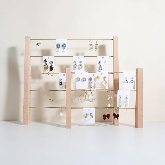 GemeShou 5 Tiers Beech Earring display stands for selling, Wooden Jewelry Shelf, Earring Storage Organizer, Brass earring holders with 30 PVC cards for stud Dangle Hoop【Beech 5-Tier】