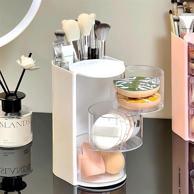 Hair Accessories Organizer with Hair Brush Holder, Rotatable Makeup Brush Holder for Necklaces, Earring, Bracelet, Ring, Makeup Brushes, Hair Clip and Hair Accessories (White, 3-Layer)